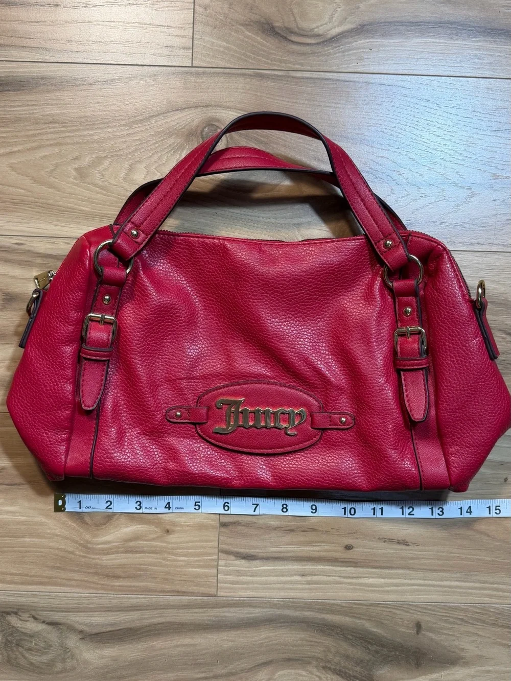 Juicy Couture Pink-Red Pebbled Leather Satchel with Gold Hardware